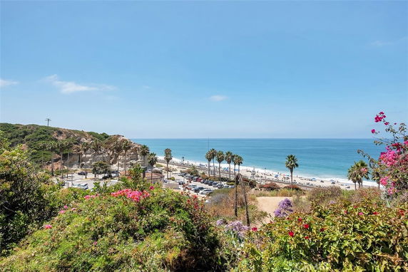 Scenic view of a beach with palm trees, cliffs, and the ocean under a clear blue sky.