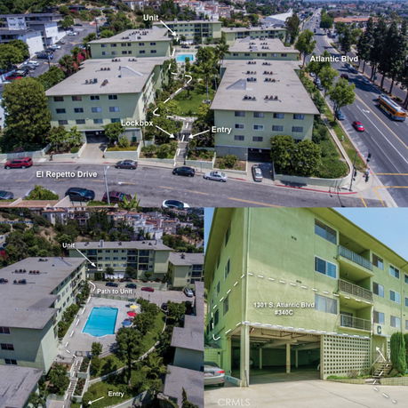 Aerial view of an apartment complex with multiple buildings, pathways, and a swimming pool in the center.