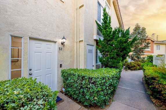 Front view of a multi-story house with a white door and pathway surrounded by greenery.