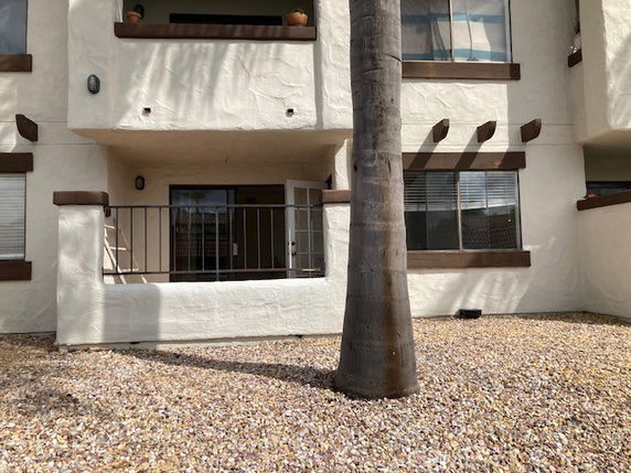 Front view of a multi-story building with a balcony and a tree in front.