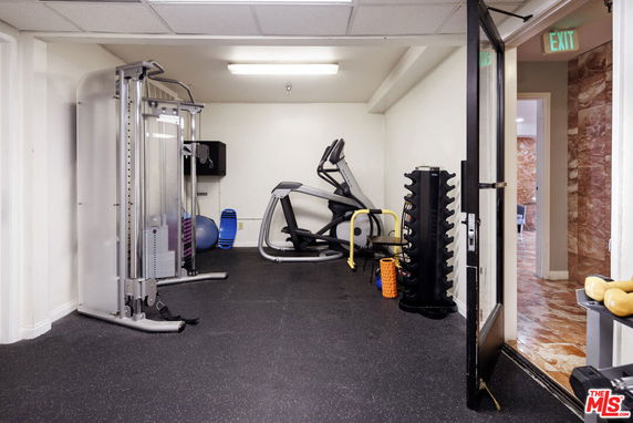 Indoor gym area with exercise equipment, including a treadmill, weight rack, and exercise balls.