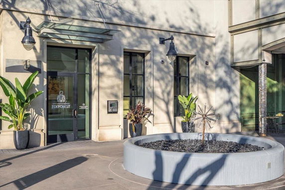 Front view of a building entrance with large windows and potted plants.