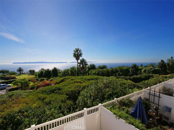 Wide angle view of the sea and distant islands with lush greenery in the foreground.