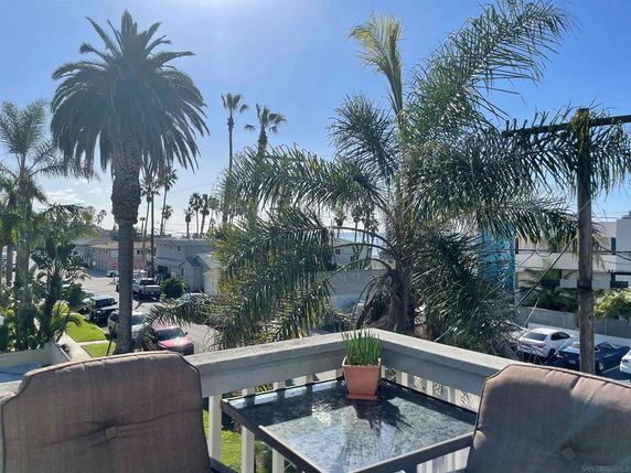 View from a balcony overlooking palm trees and a residential street.
