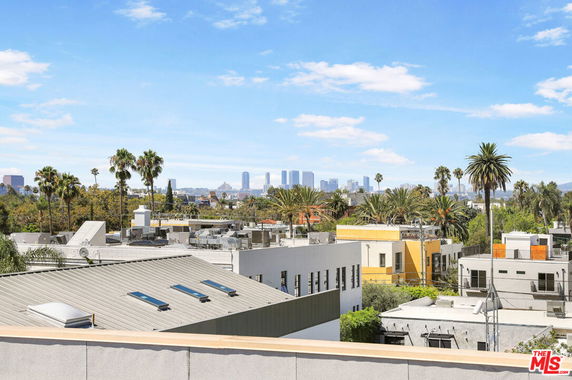 View of buildings and city skyline with palm trees from a rooftop perspective.
