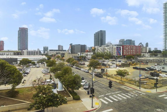 Urban landscape with high-rise buildings and construction areas.