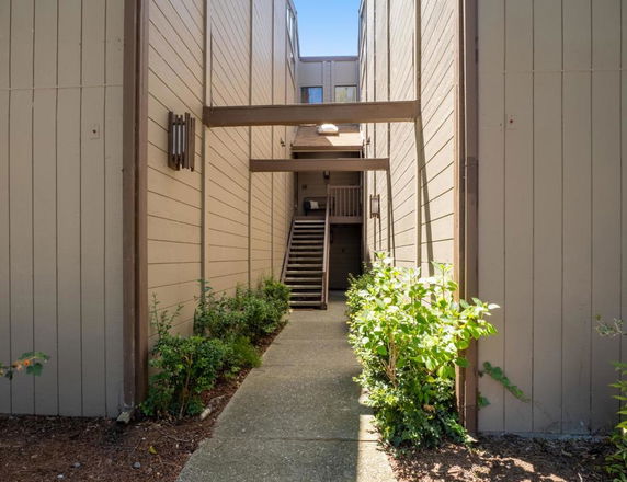 Front view of a building entrance with walkway and stairs.