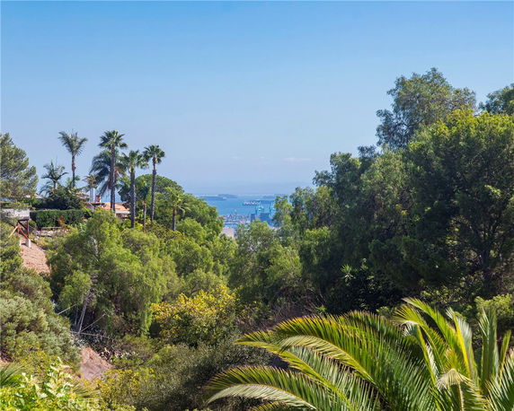Wide view of lush green landscape with trees and a distant view of the sea.