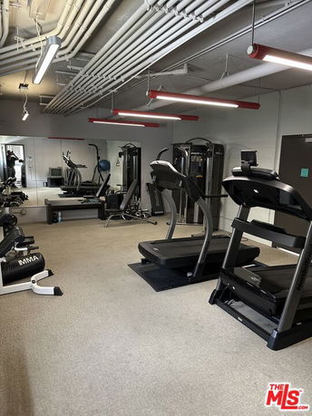 Room equipped with exercise machines, including treadmills and weight training equipment.