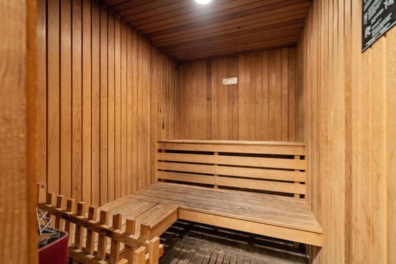 Interior view of a wooden sauna room.