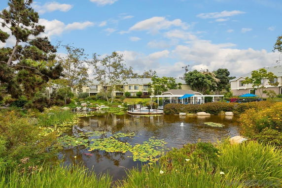 View of residential area with water feature and trees in foreground.