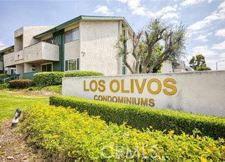 Front view of Los Olivos condominiums with a green area in front.