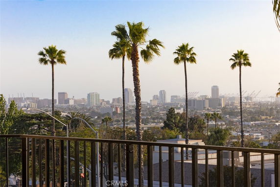 Panoramic view of a city skyline with palm trees and distant buildings.
