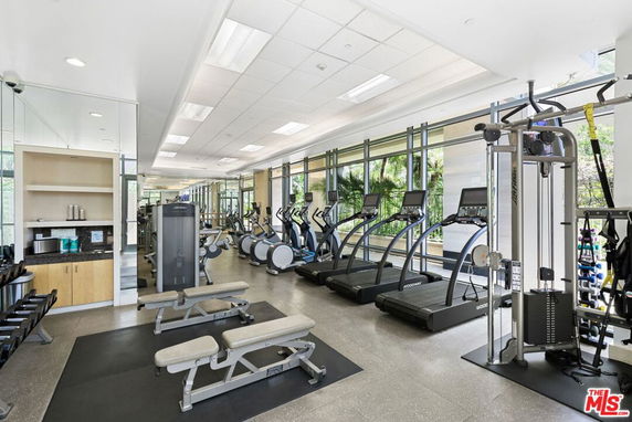Interior view of a gym with exercise equipment and large windows.