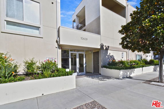 Front view of a modern multi-story building entrance with planters.