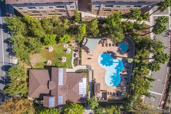 Aerial view of a residential complex with a uniquely shaped swimming pool.
