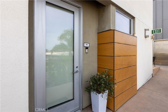 Exterior view of a door with a modern design and adjacent decorative paneling.