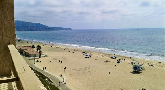 Panoramic view of a beach and ocean from a building