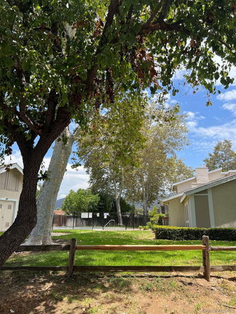 View of a residential area with trees and a house visible.
