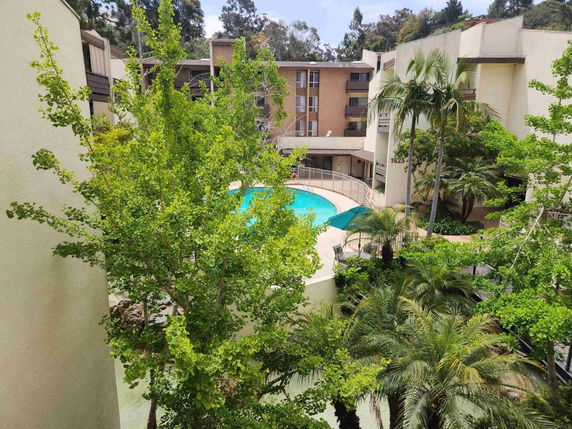 View of a swimming pool surrounded by residential buildings and lush greenery.