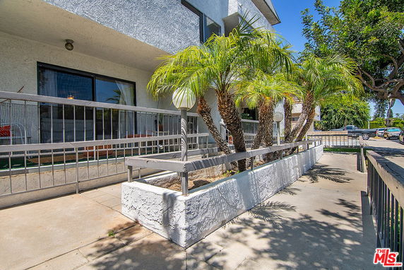 Front view of a building with a railing and palm trees.