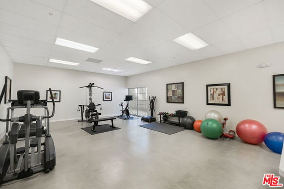 Indoor gym area with exercise equipment and fitness balls.
