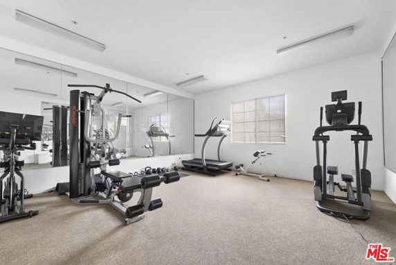 Interior of a gym with exercise equipment and mirrored wall.