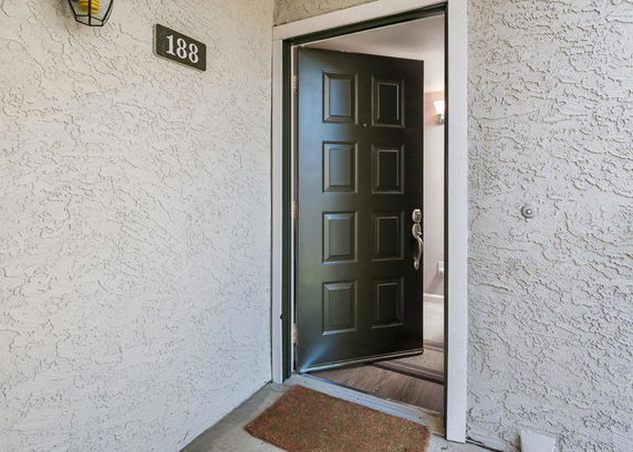 Front view of an entrance with a dark door slightly open, showing part of the interior.