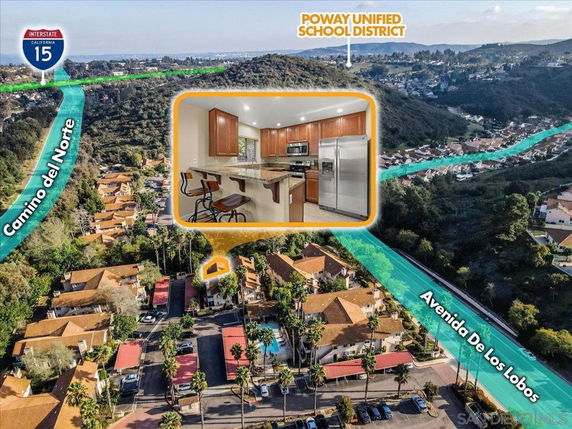 Aerial view of a residential neighborhood with nearby roads marked, featuring a highlighted kitchen interior.