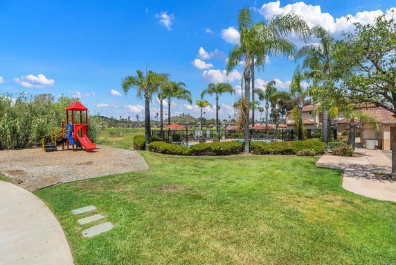 Outdoor play area with a slide and climbing structure surrounded by grass and palm trees.