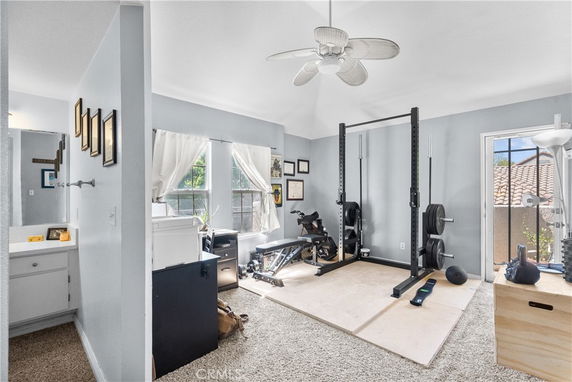Room with gym equipment including a power rack and exercise bike.