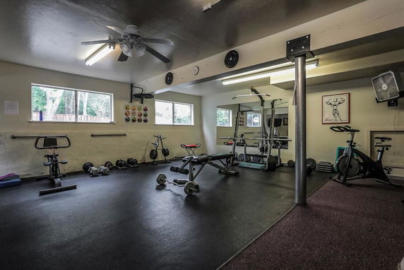 Home gym with exercise equipment and weights.