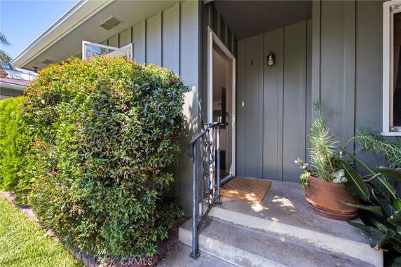 Entryway of a house with a small porch and greenery.