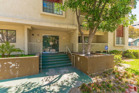 Front view of a building entrance with stairs and a tree nearby.