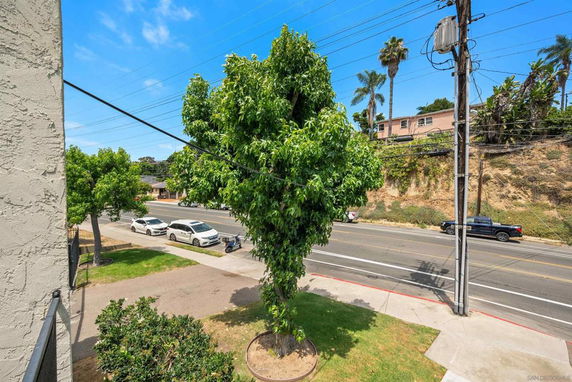 View from building of a street with cars, trees, and nearby houses.