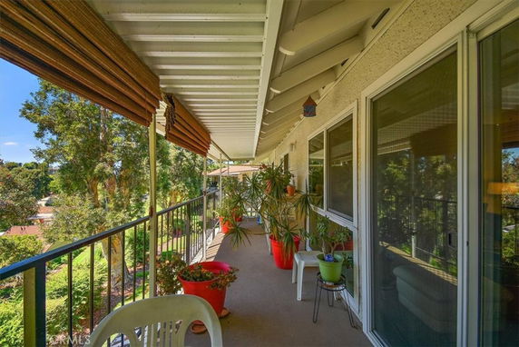 View from a balcony with potted plants and greenery in the background.