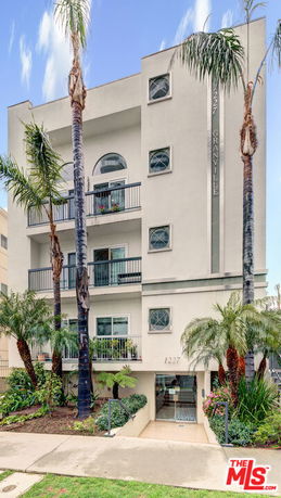 Front view of a multi-story residential building with balconies and palm trees.