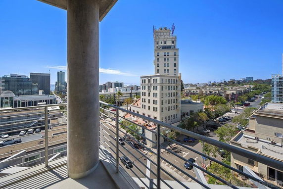 Panoramic view from a building showcasing city skyline and streets.