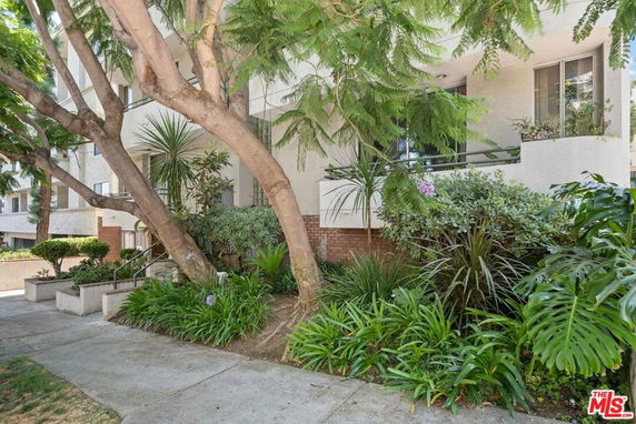 Front view of a multi-story residential building with greenery and trees.