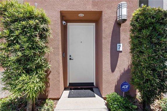 Entrance view of a house with a single front door, framed by plants.