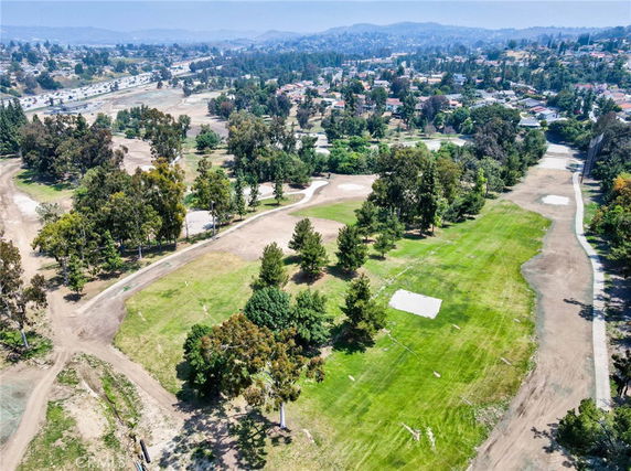 Wide angle view of a landscape with trees and grassy areas, surrounded by a town.