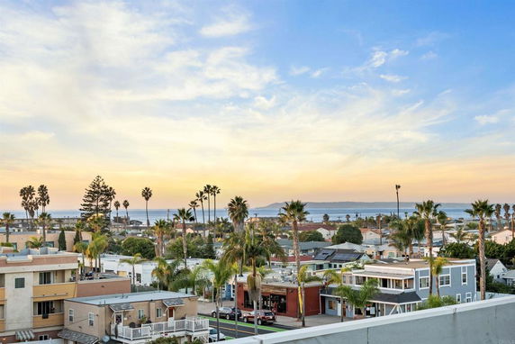 Panoramic view of a coastal neighborhood with palm trees and ocean in the distance.