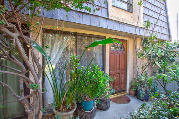 Front view of a house with a wooden door and large window, surrounded by potted plants.