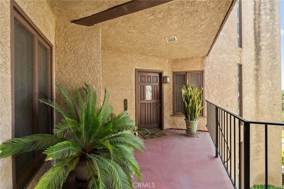 Partial view of an entrance with decorative plants in front of a door in a building.