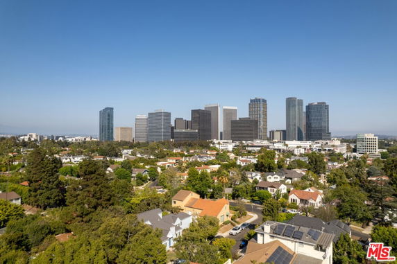 Panoramic view of a city skyline with high-rise buildings and residential area.