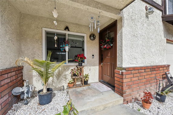 Front view of a house entrance with decorative plants and a brown door.