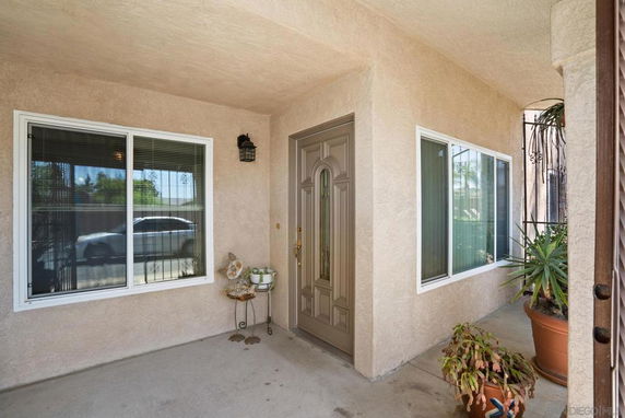 Front view of a house entrance with windows on either side and a potted plant.