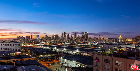 Panoramic view of a city's skyline during sunset.
