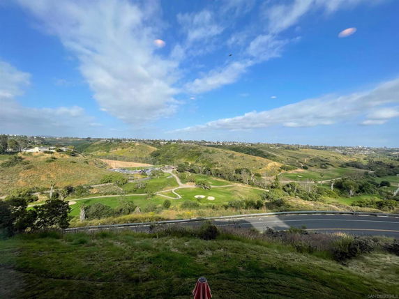 Panoramic view of a green landscape with hills and a road.