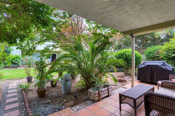 Covered outdoor patio area with garden view.